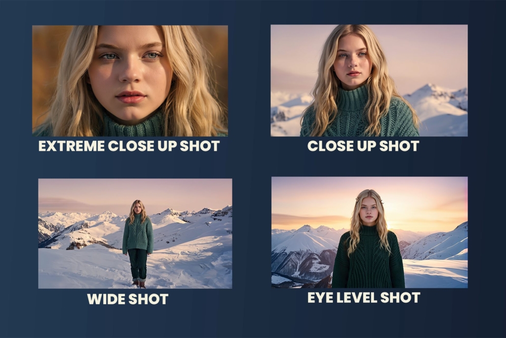pictures of: extreme close up shot, close up shot, wide shot, eye level shot