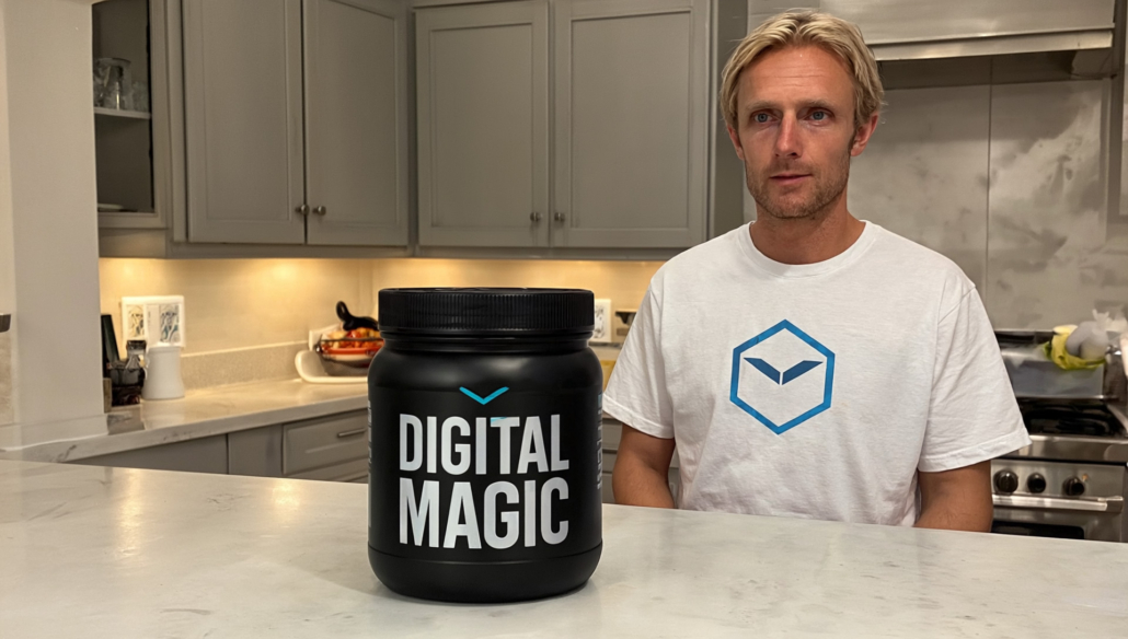 a man standing behind the counter with a jar labeled "DIGITAL MAGIC"