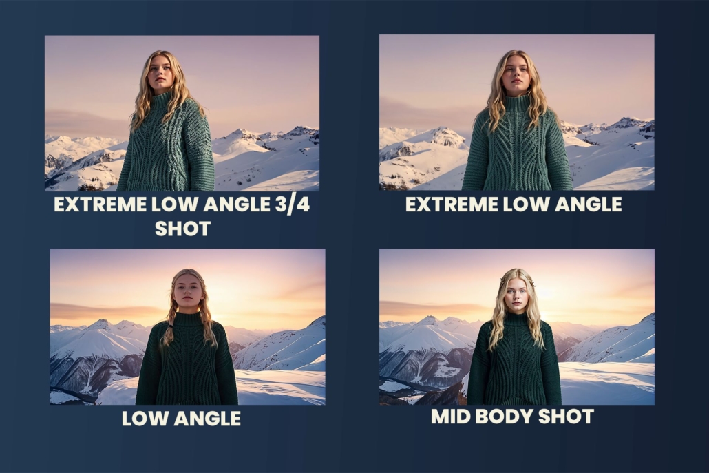 picture of: extreme low angle 3/4 shot, extreme low angle, low angle, mid body shot