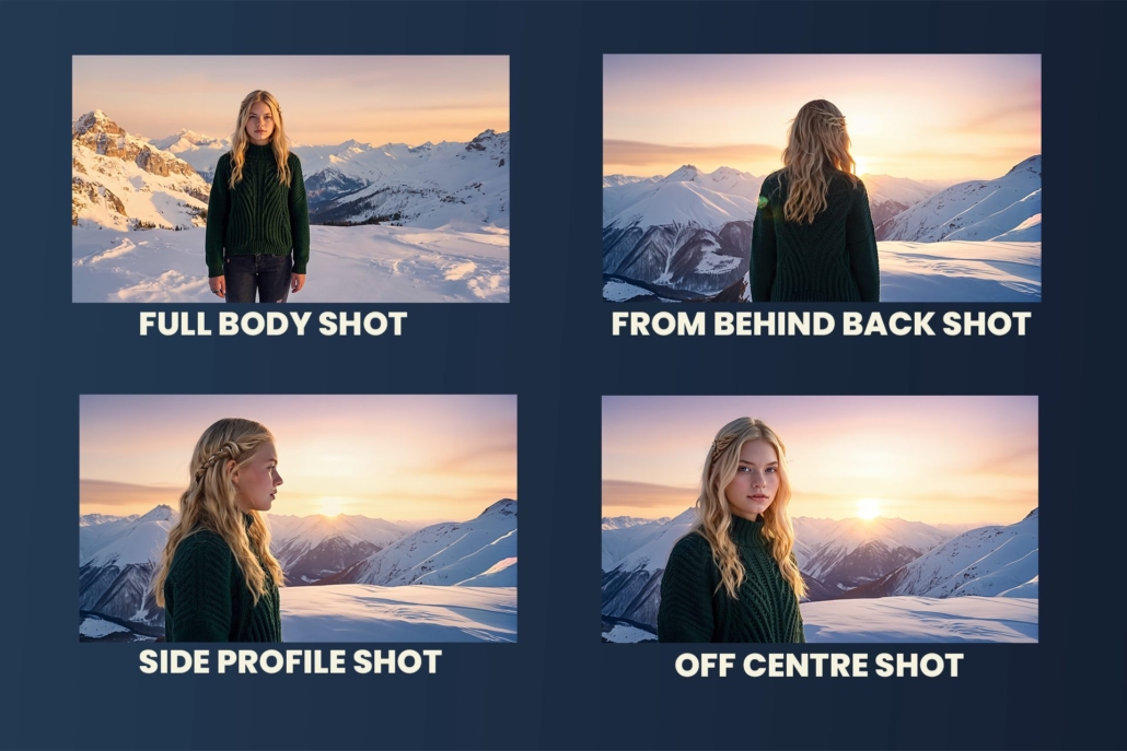 Pictures of: full body shot, from behind back shot, side profile shot, off centre shot