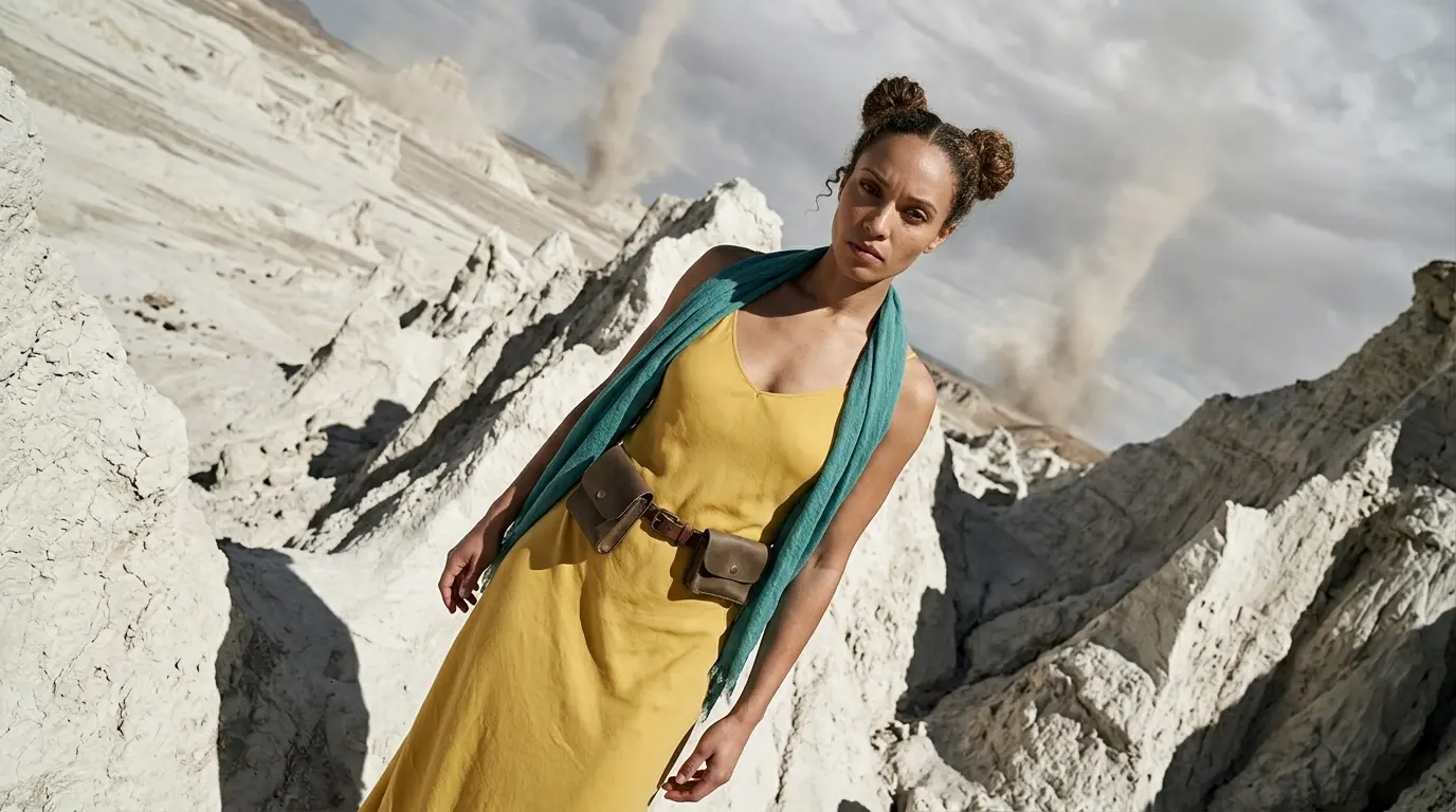 Dutch Angle_extended prompt Tilted Dutch angle shot of a woman in a yellow dress standing among jagged white rocks in a desert landscape with dust storms in the distance, showcasing a Nano Banana Pro Dutch Angle cinematic camera angle using an extended prompt.