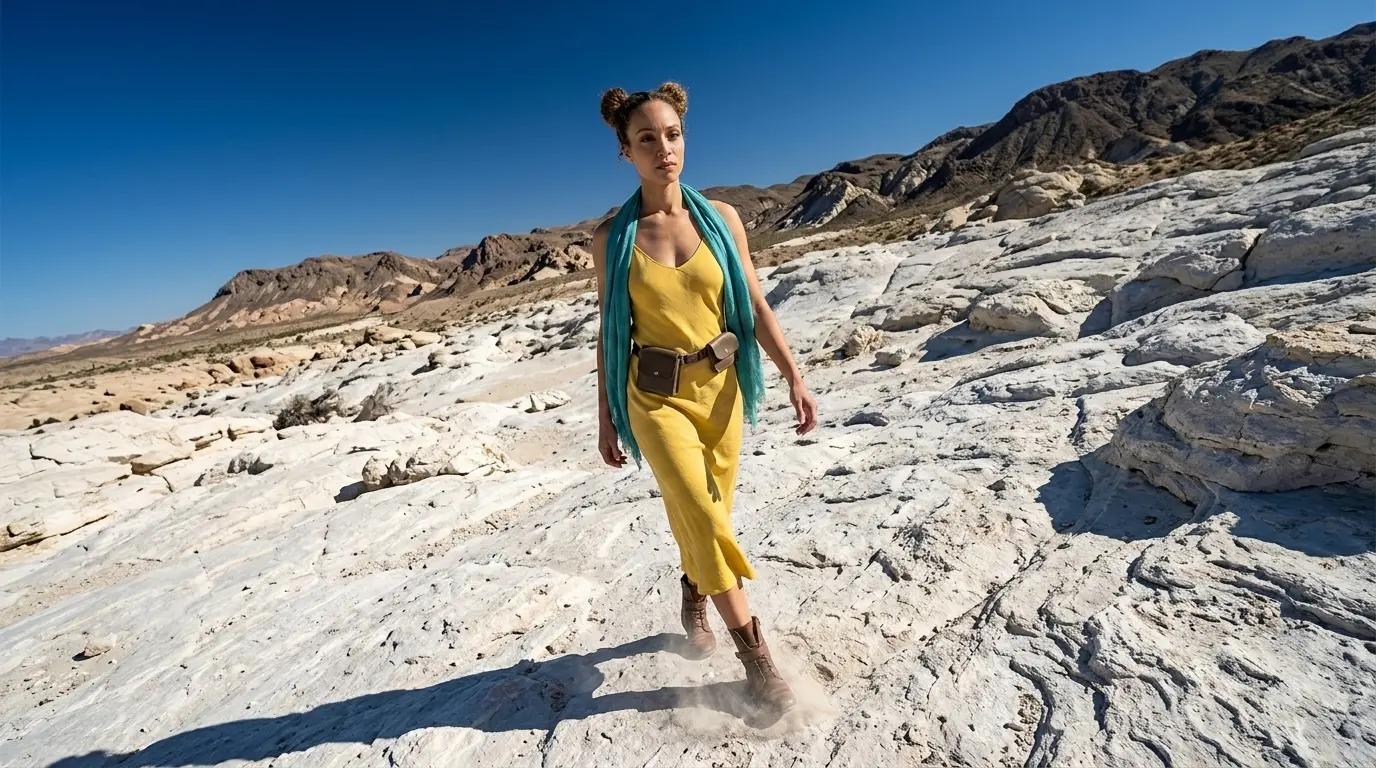 Dutch Angle_only keyword Tilted Dutch angle shot of a woman in a yellow dress walking across a rocky white desert hillside under a clear blue sky, showcasing a Nano Banana Pro Dutch Angle cinematic camera angle using only the keyword.