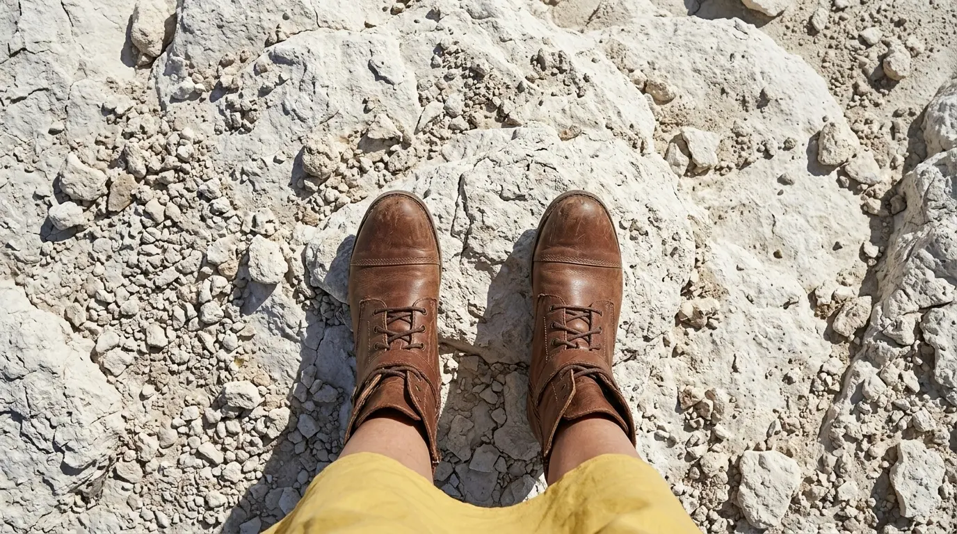 POV Shot Extended Prompt Example First-person point of view shot looking down at a pair of brown leather boots and a yellow dress while standing on textured white rocks, showcasing a Nano Banana Pro Point of View (POV) Shot cinematic camera angle using an extended prompt