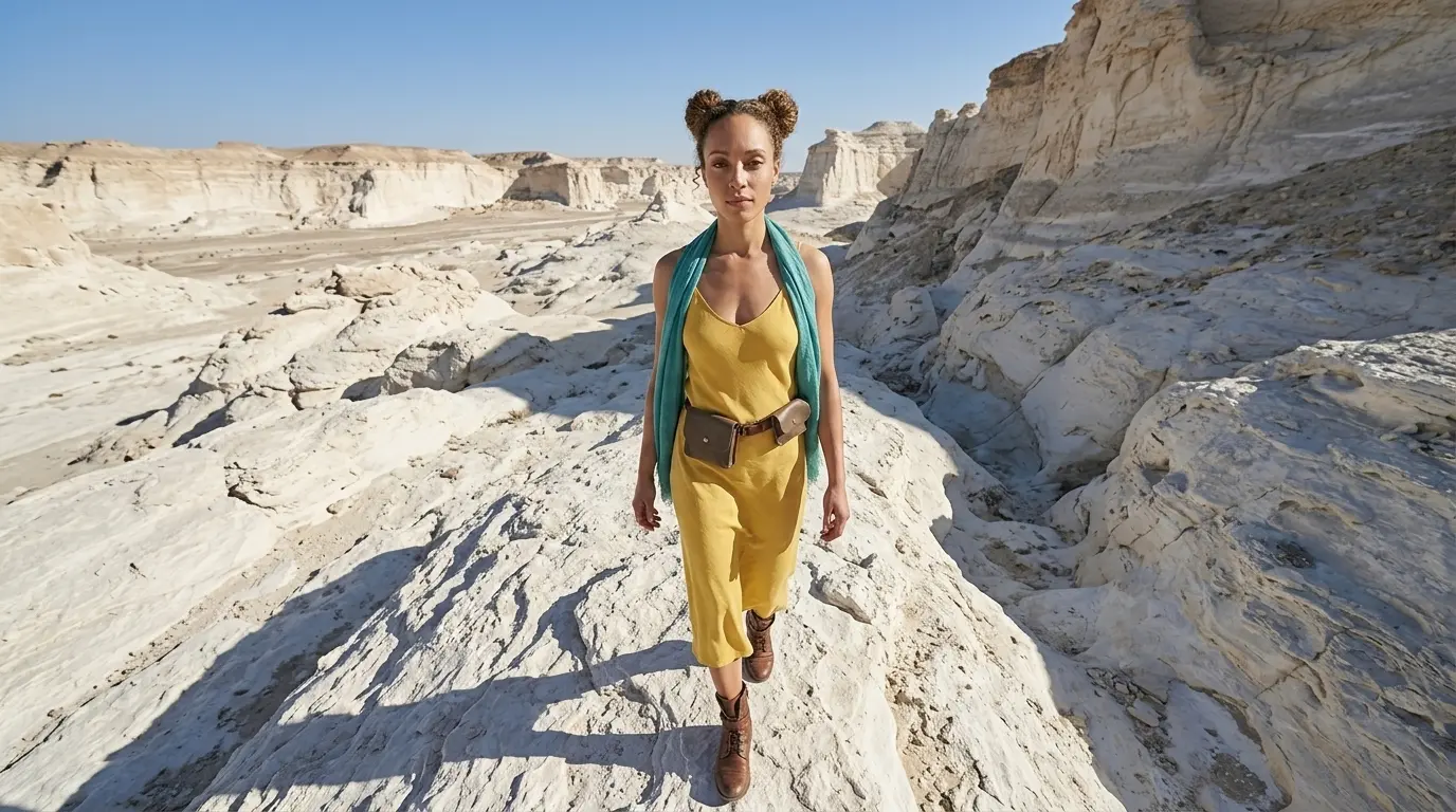 POV Shot Keyword Prompt Example Full-body shot of a woman with hair buns in a yellow dress and blue scarf walking through a white rocky desert canyon, showcasing a Nano Banana Pro Point of View (POV) Shot cinematic camera angle using only a keyword.