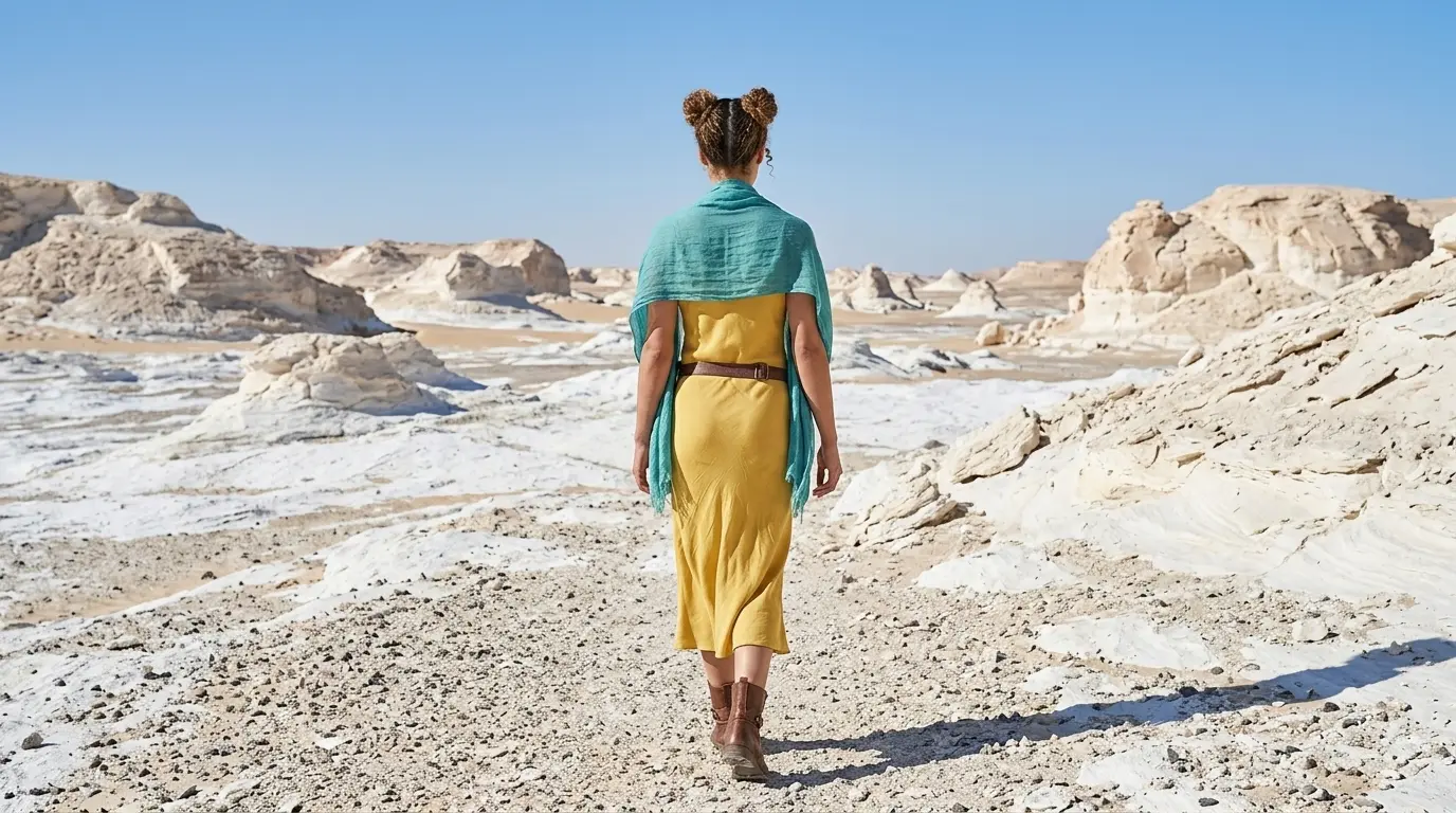 Back View Shot Extended Prompt Example Back view shot of a woman with double hair buns walking into a vast desert landscape with white rock formations, showcasing a Nano Banana Pro Back View Shot cinematic camera angle using an extended prompt.