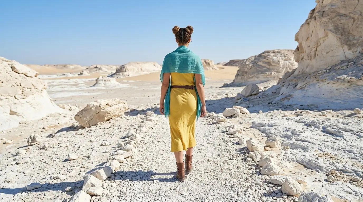 Back View Shot Keyword Prompt Example Back view shot of a woman in a yellow dress walking away through a white rocky desert landscape, showcasing a Nano Banana Pro Back View Shot cinematic camera angle using only the keyword.