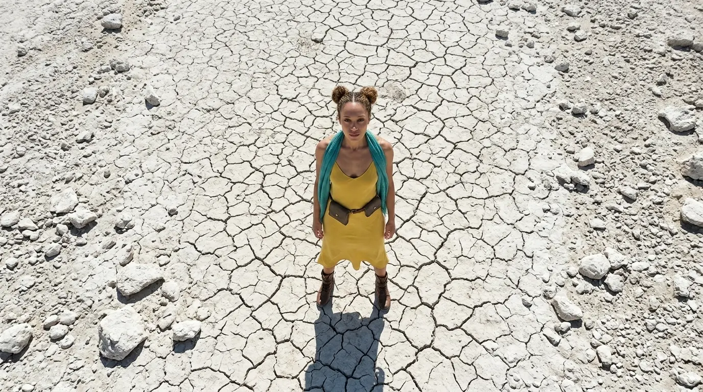 Bird's eye view of a woman standing on a cracked floor in a white desert, showcasing a Nano Banana Pro Bird's Eye View cinematic camera angle using an extended prompt.
