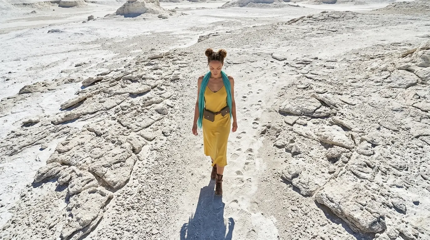 Bird's Eye View Keyword Prompt Example Bird's eye view of a woman in a yellow dress walking through a rocky white desert, showcasing a Nano Banana Pro Bird's Eye View cinematic camera angle using only the keyword.