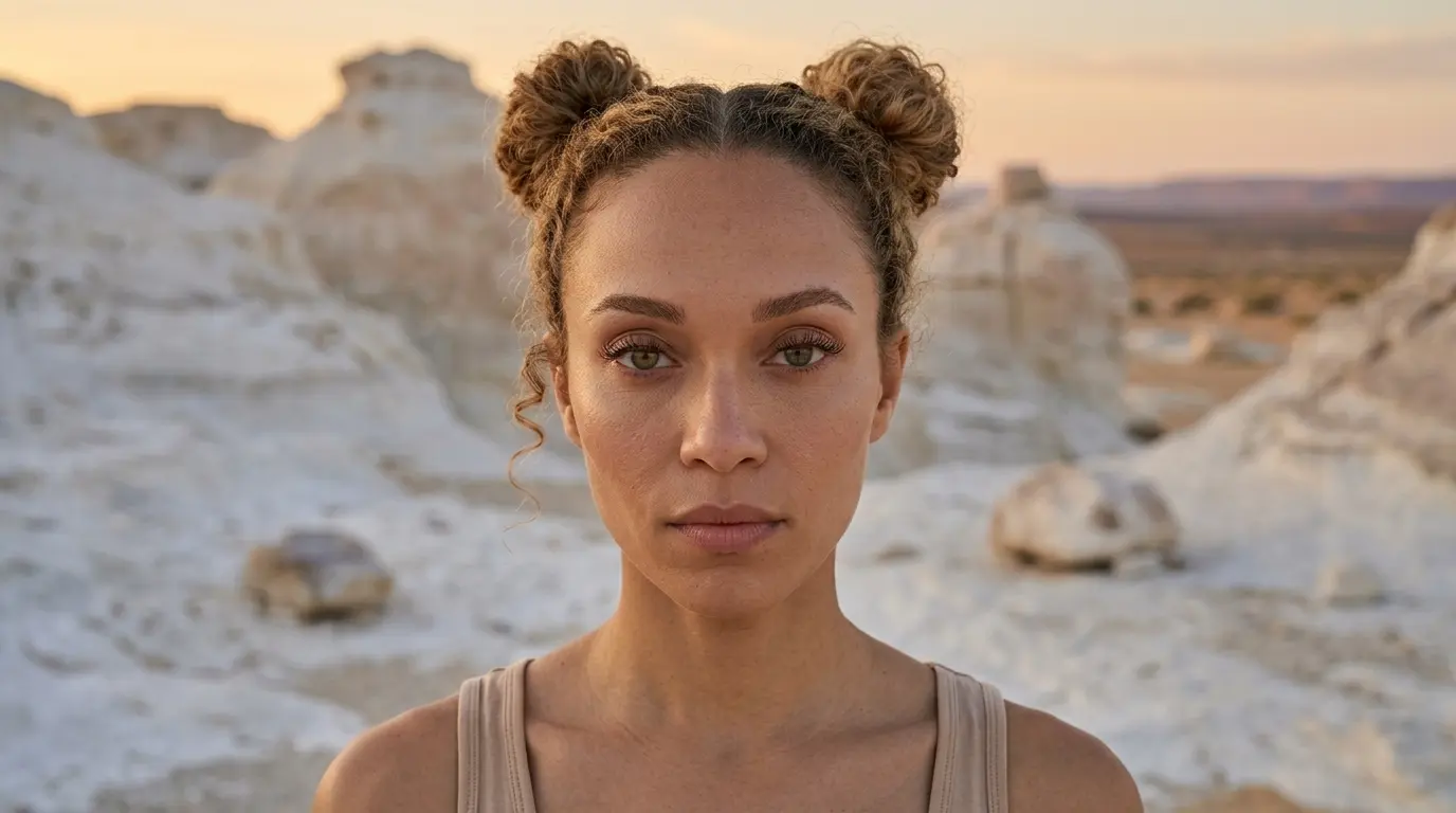 Close-Up Shot Keyword Prompt Example Close-up shot of a woman with her hair in double buns looking directly into the camera against a white rocky desert background, showcasing a Nano Banana Pro Close-Up Shot cinematic camera angle using only the keyword.