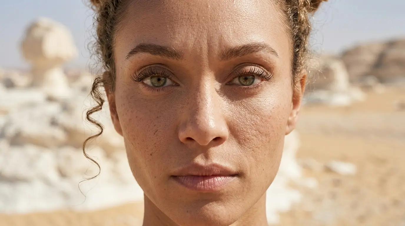 Extreme Close-Up Keyword Prompt Example Extreme close-up portrait focusing tightly on a woman's face showing her hazel eyes and detailed skin texture against a blurred white desert background, showcasing a Nano Banana Pro Extreme Close-Up cinematic camera angle using only the keyword.