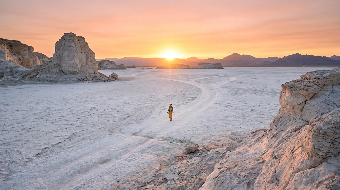 Extreme Wide Shot Extended Prompt Example Extreme wide shot of a lone person in a vast white desert during a golden sunset, showcasing a Nano Banana Pro Extreme Wide Shot cinematic camera angle using an extended prompt.
