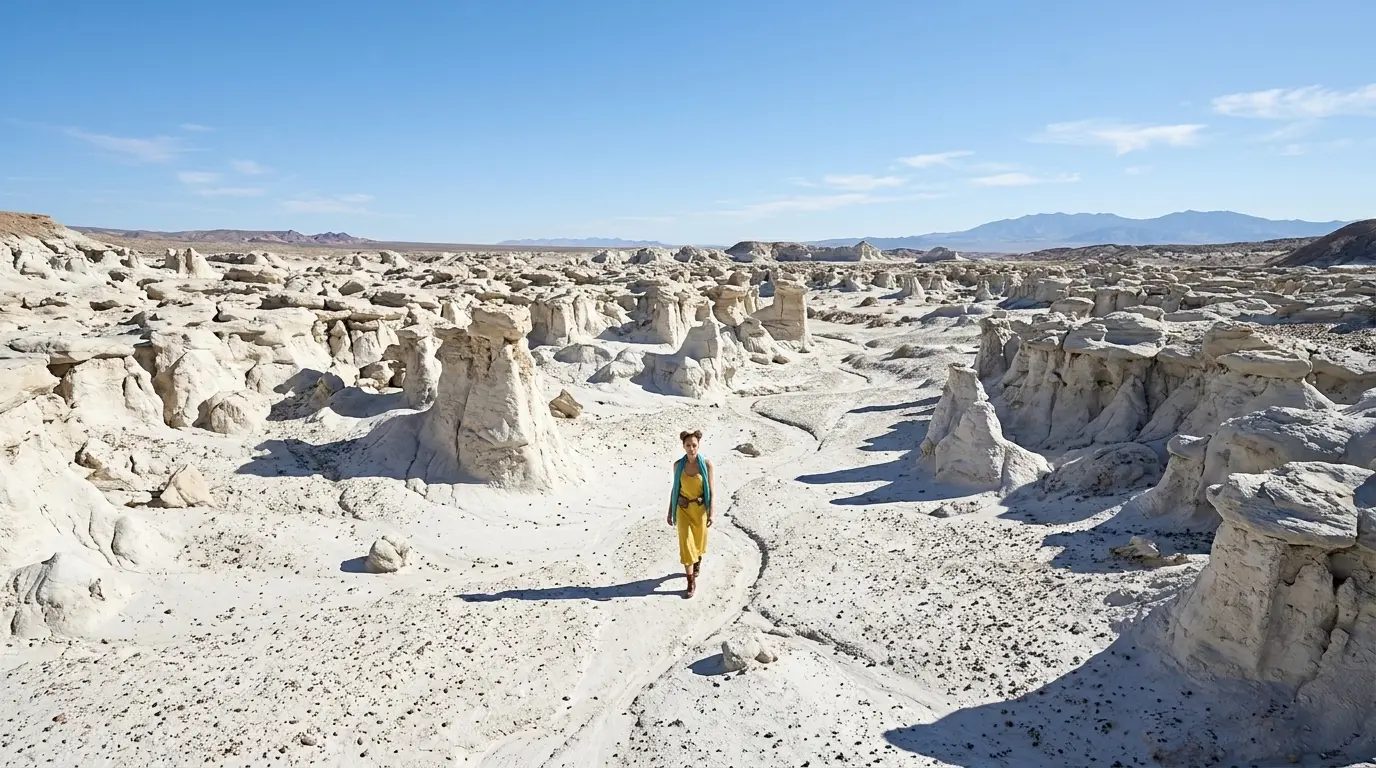 Extreme Wide Shot Keyword Prompt Example Extreme wide shot of a woman walking through a vast white rocky desert under a clear blue sky, showcasing a Nano Banana Pro Extreme Wide Shot cinematic camera angle using only the keyword.