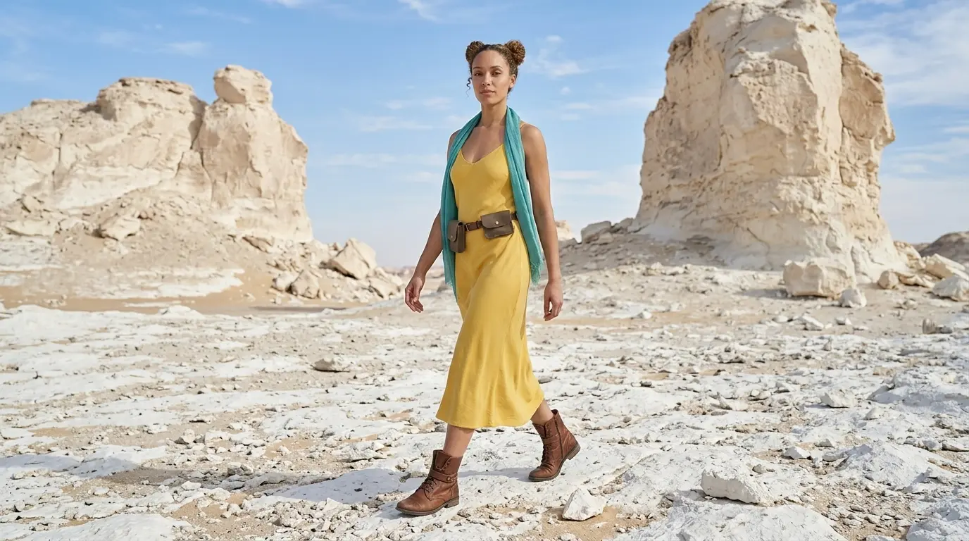 Full Body Shot Extended Prompt Example Full body shot of a woman in a yellow dress and leather boots walking through a white rocky desert, showcasing a Nano Banana Pro Full Body Shot cinematic camera angle using an extended prompt.