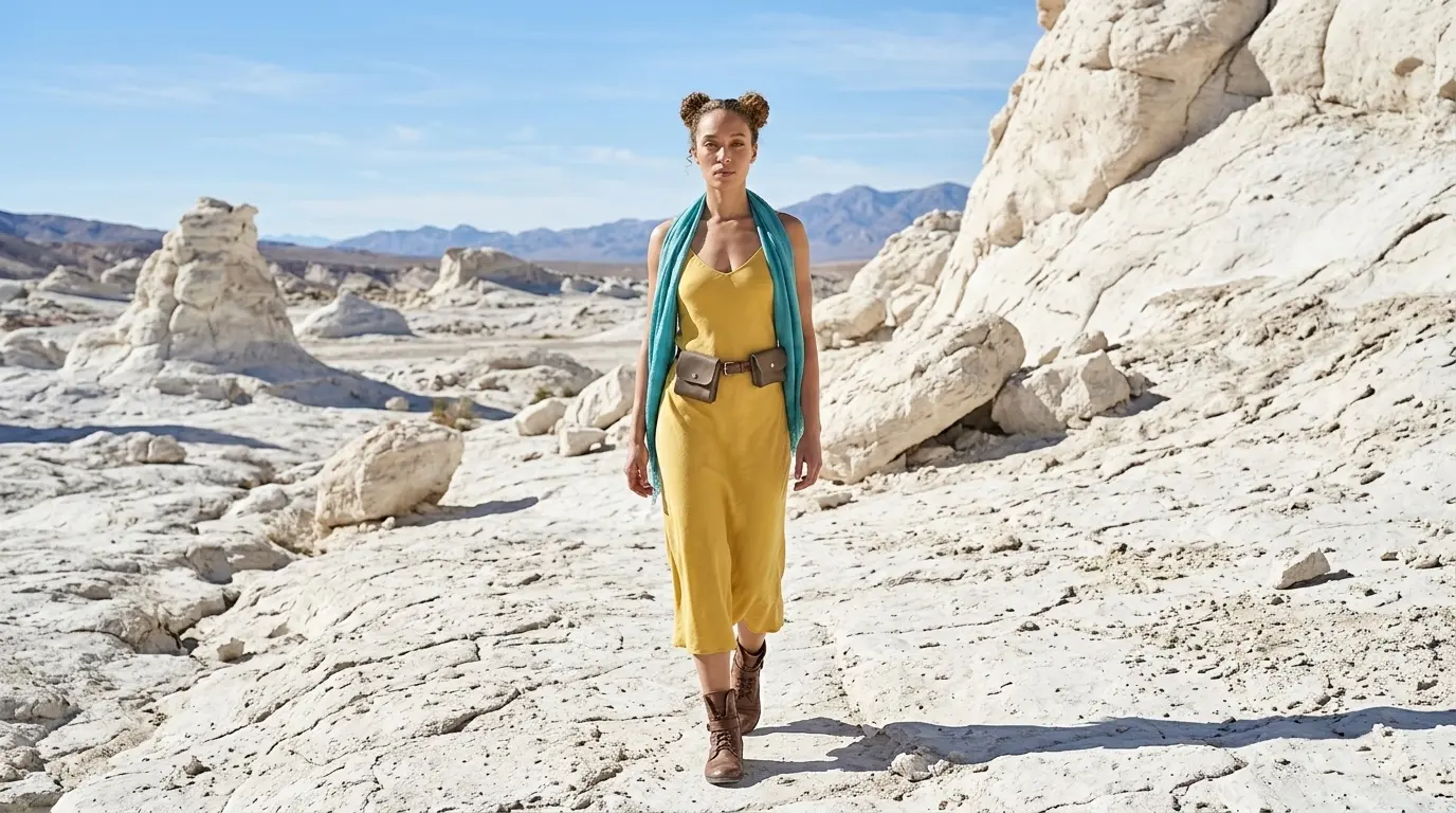 Full body shot of a woman in a yellow dress and leather boots walking through a white rocky desert, showcasing a Nano Banana Pro Full Body Shot cinematic camera angle using only the keyword.