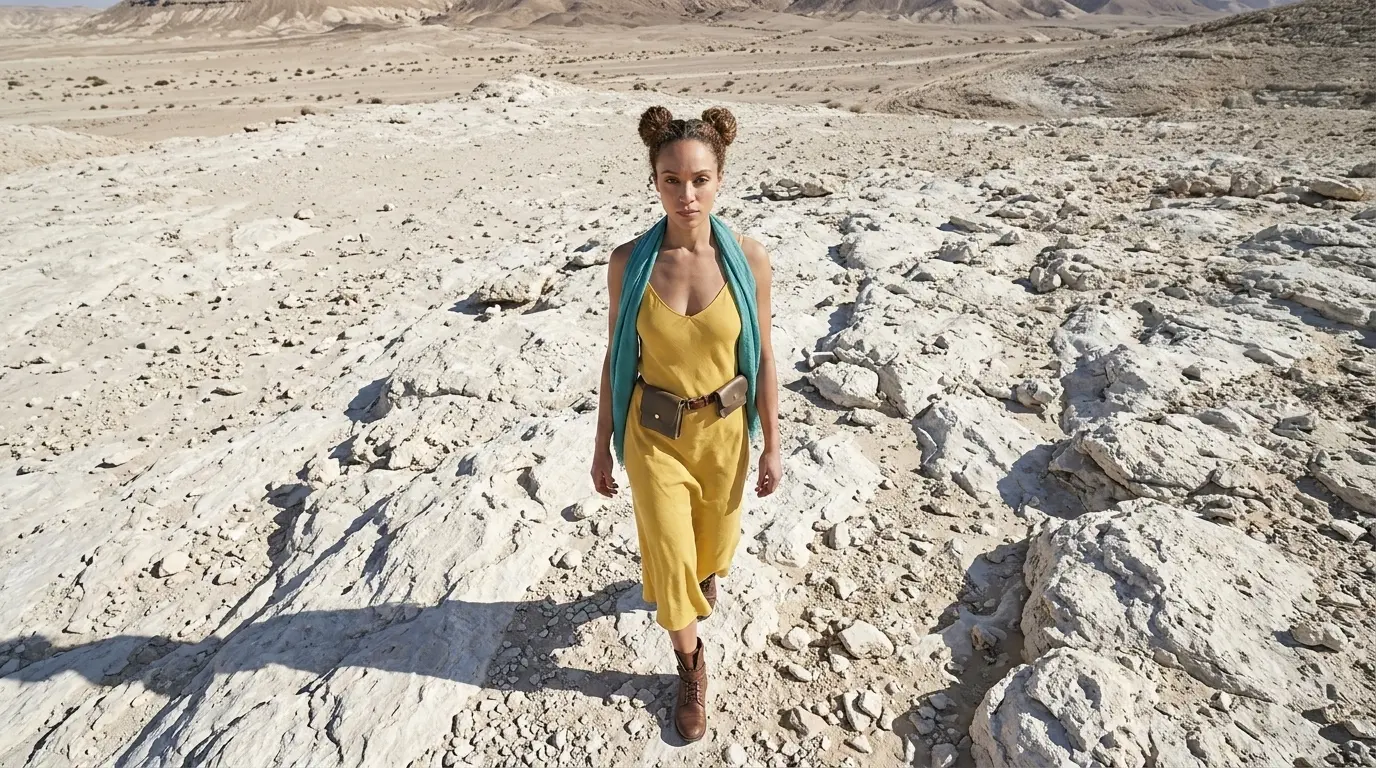 high angle_extended prompt High angle shot looking down at a woman in a yellow dress walking across an open white rocky desert landscape with mountains in the background, showcasing a Nano Banana Pro High Angle cinematic camera angle using an extended prompt.