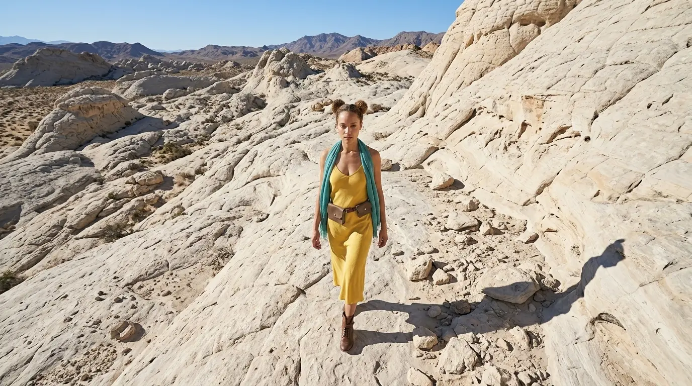 high angle_only keyword prompt High angle shot looking down at a woman in a yellow dress walking along a rugged white rock mountain trail under a clear blue sky, showcasing a Nano Banana Pro High Angle cinematic camera angle using only the keyword.