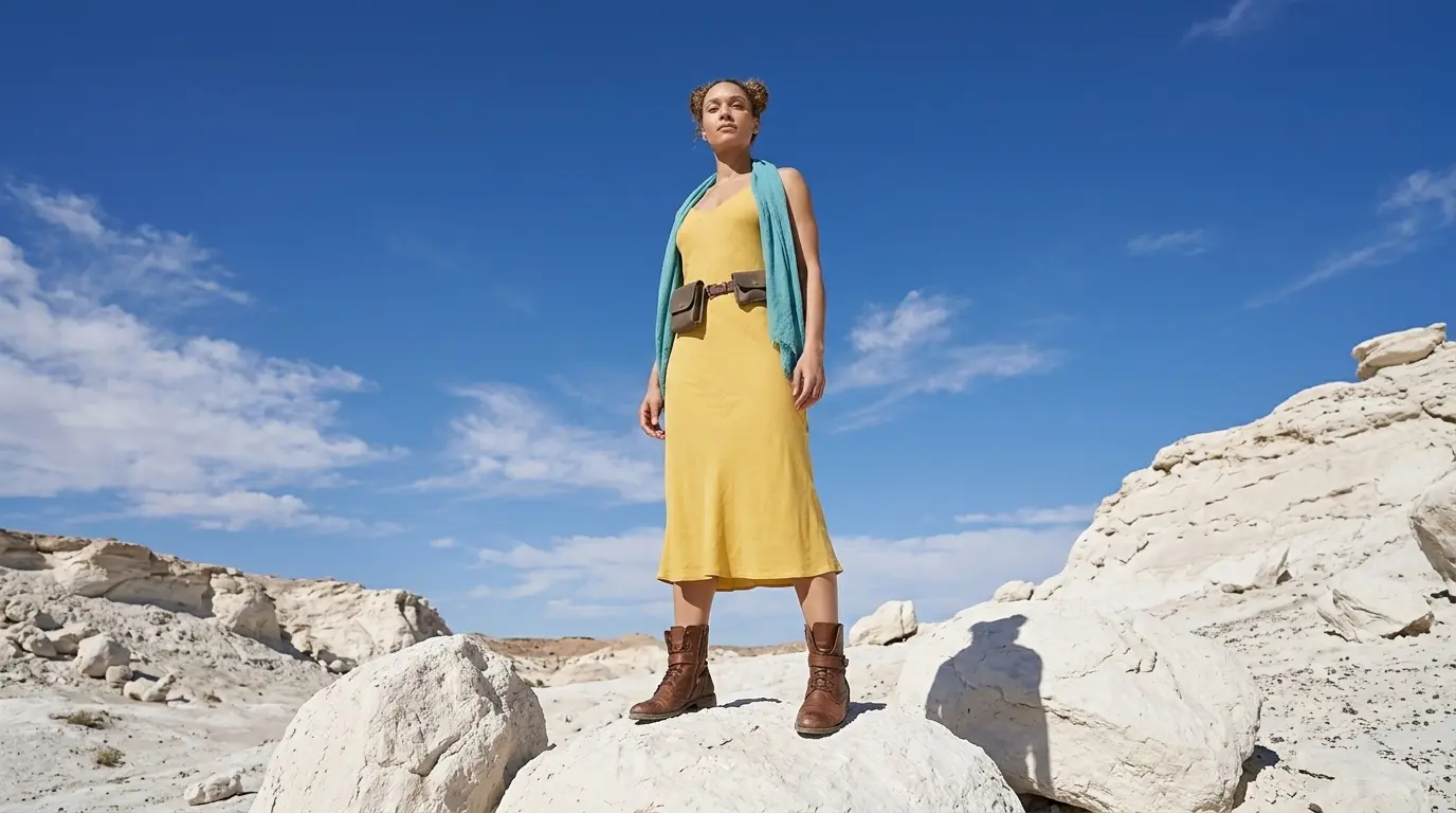 low angle_extended prompt Low angle shot looking up at a woman in a yellow dress standing confidently on white boulders in a desert landscape under a wide blue sky, showcasing a Nano Banana Pro Low Angle cinematic camera angle using an extended prompt.