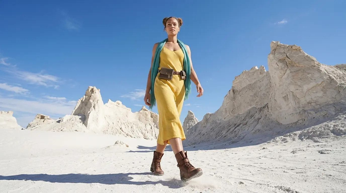 Low Angle Shot Keyword Prompt Example Low angle shot looking up at a woman in a yellow dress walking forward through a bright white rocky desert landscape under a clear blue sky, showcasing a Nano Banana Pro Low Angle cinematic camera angle using only the keyword.