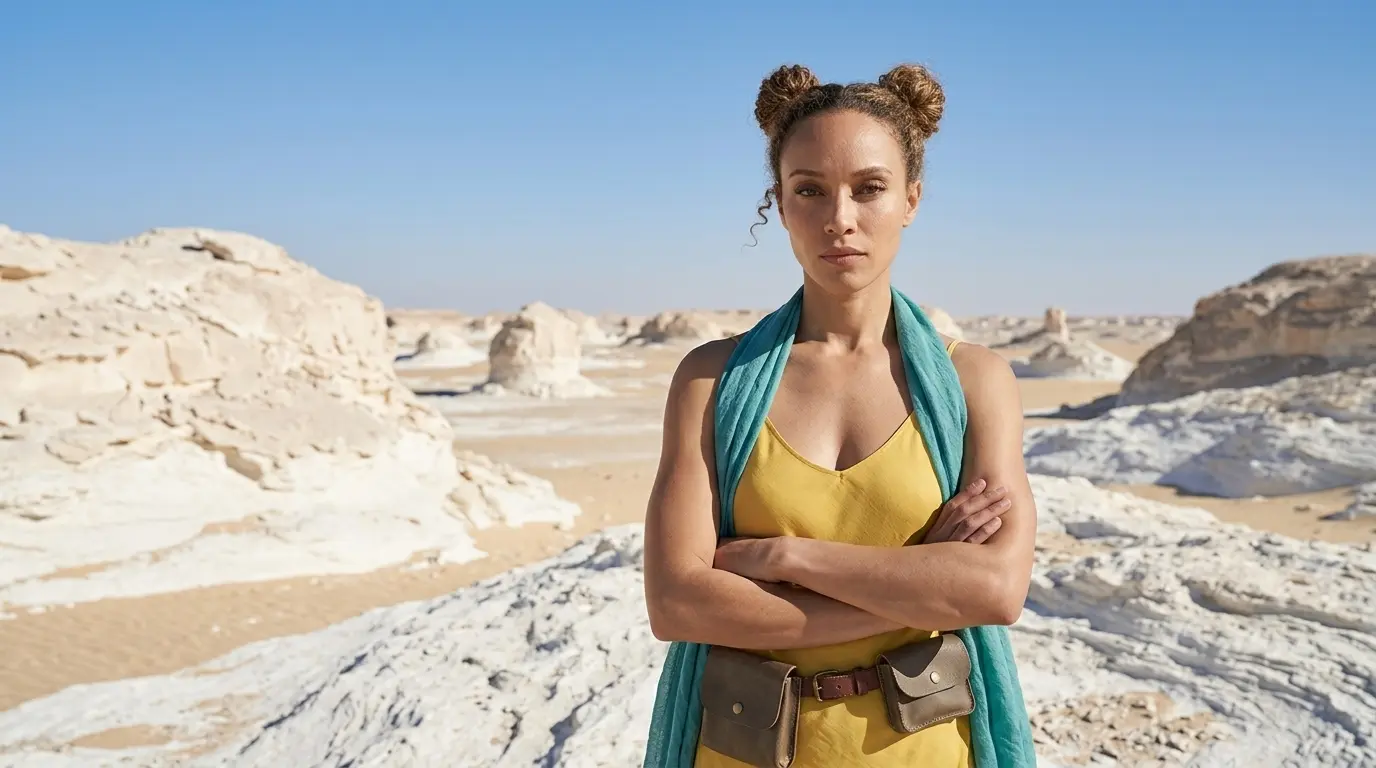 Medium Shot Extended Prompt Example Medium shot of a woman with her hair in two buns and arms crossed, wearing a yellow dress and a blue scarf in a white rocky desert landscape, showcasing a Nano Banana Pro Medium Shot cinematic camera angle using an extended prompt.
