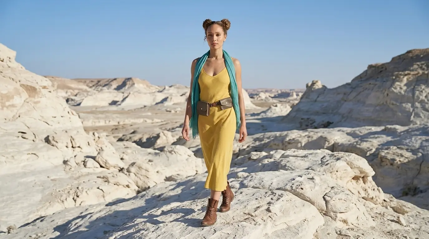 Medium Shot Keyword Prompt Example Medium shot of a woman with her hair in two buns, wearing a yellow dress and a blue scarf, standing in a white rocky desert landscape, showcasing a Nano Banana Pro Medium Shot cinematic camera angle using only the keyword.