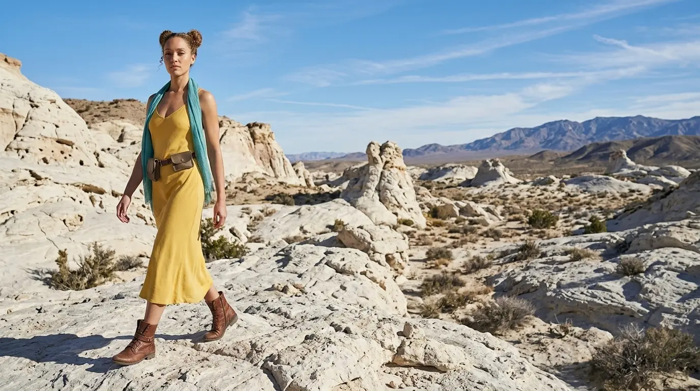 Off-Center Shot Extended Prompt Example Off-center shot of a woman in a yellow dress and blue scarf walking on the left side of a rocky white desert landscape with hills filling the negative space, showcasing a Nano Banana Pro Off-Centre shot cinematic camera angle using an extended prompt.