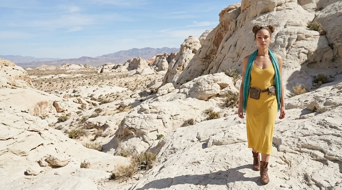 Off-Center Shot Keyword Prompt Example Off-center shot of a woman in a yellow dress and blue scarf standing on the right side of a rocky white desert landscape, showcasing a Nano Banana Pro Off-Centre shot cinematic camera angle using an only keyword prompt.