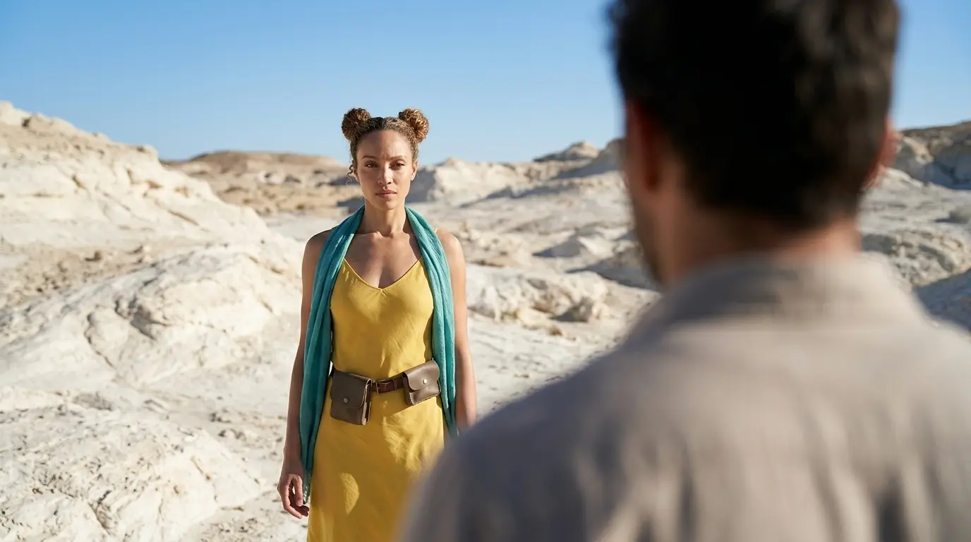 Over-The-Shoulder Extended Prompt Example Over-the-shoulder shot looking past a blurred man's shoulder at a woman in a yellow dress standing amidst a white rocky desert landscape, showcasing a Nano Banana Pro Over-The-Shoulder Shot cinematic camera angle using an extended prompt.
