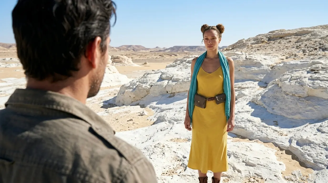 Over-The-Shoulder Keyword Prompt Example Over-the-shoulder shot looking past a man's shoulder at a woman in a yellow dress standing amidst a white rocky desert landscape, showcasing a Nano Banana Pro Over-The-Shoulder Shot cinematic camera angle using only the keyword.