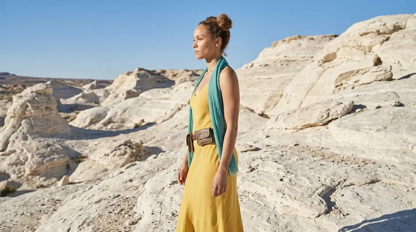 Side Profile Shot Extended Prompt Example Side profile shot of this woman's upper body in a white rocky desert, showcasing a Nano Banana Pro Side Profile Shot cinematic camera angle using an extended prompt.