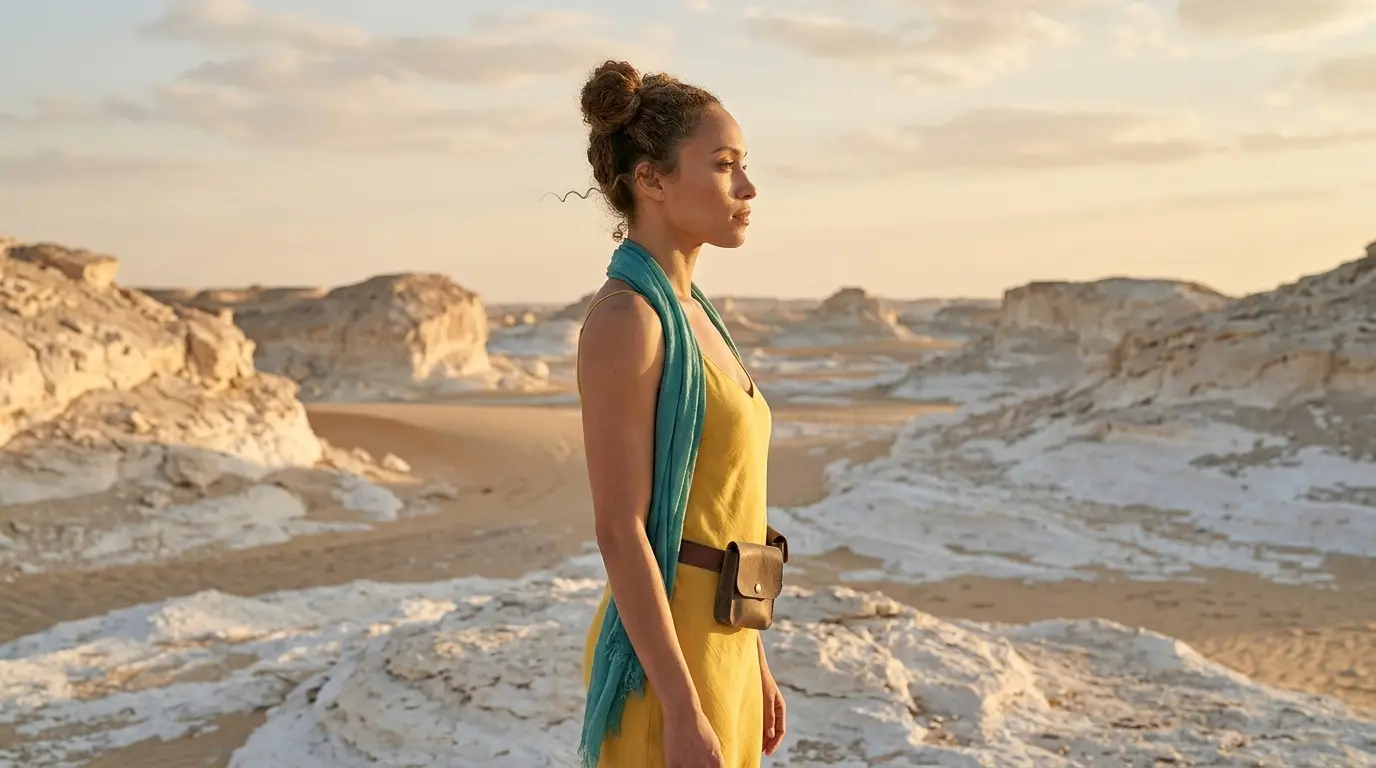 Side profile shot of this woman's upper body in a white rocky desert, showcasing a Nano Banana Pro Side Profile Shot cinematic camera angle using only the keyword.