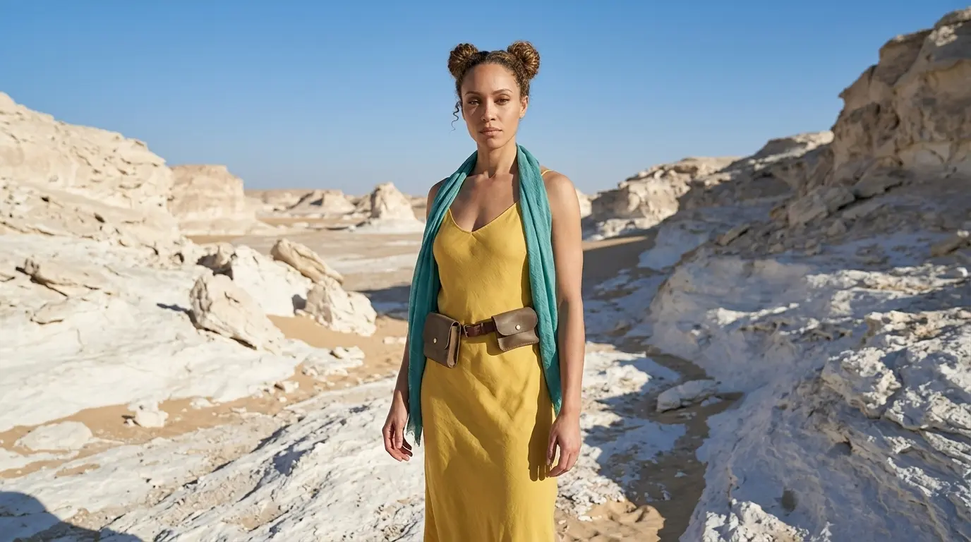 three-quarter body shot_extended prompt Three-quarter body shot of a woman in a yellow dress and teal scarf in a white rocky desert, showcasing a Nano Banana Pro Three-Quarter Body Shot cinematic camera angle using only a keyword.
