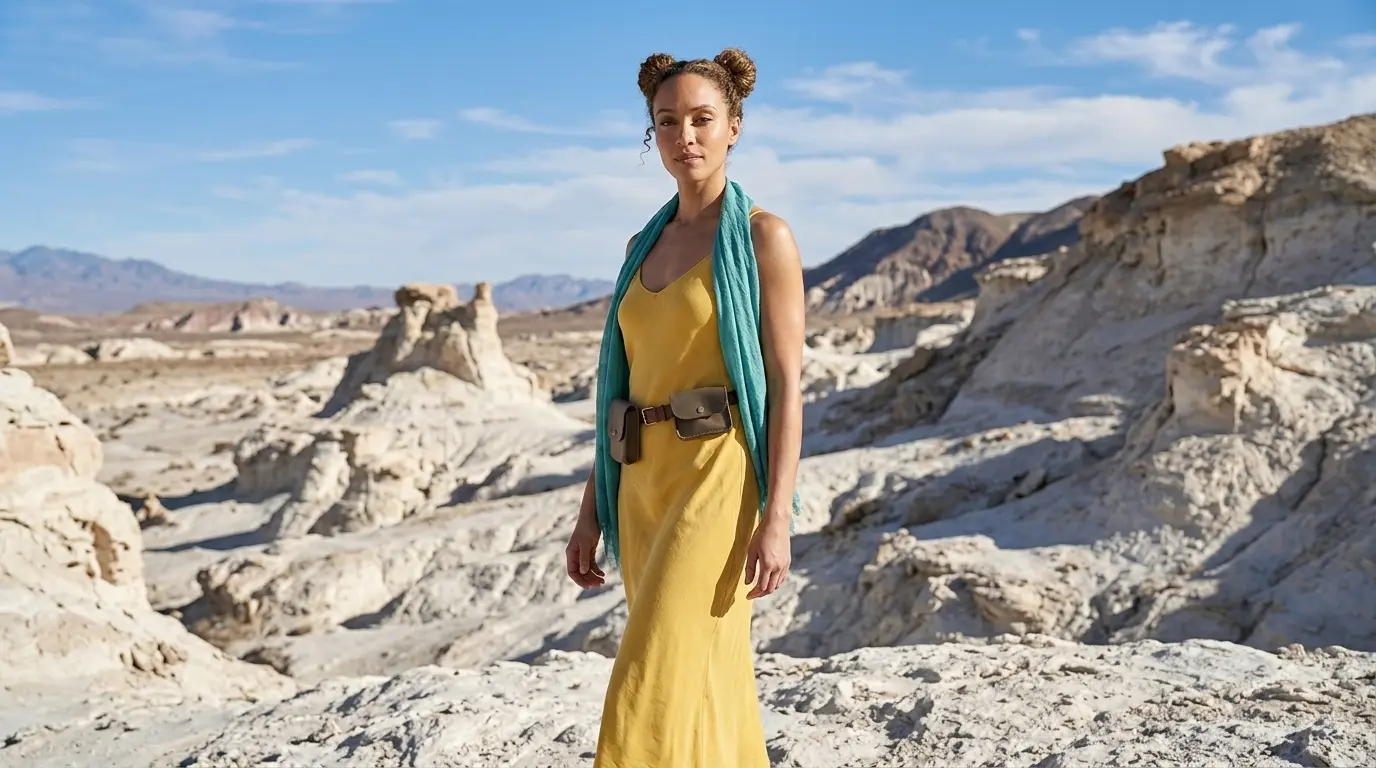 three-quarter body shot_only keyword Three-quarter body shot of a woman in a yellow dress and teal scarf in a white rocky desert, showcasing a Nano Banana Pro Three-Quarter Body Shot cinematic camera angle using only the keyword.