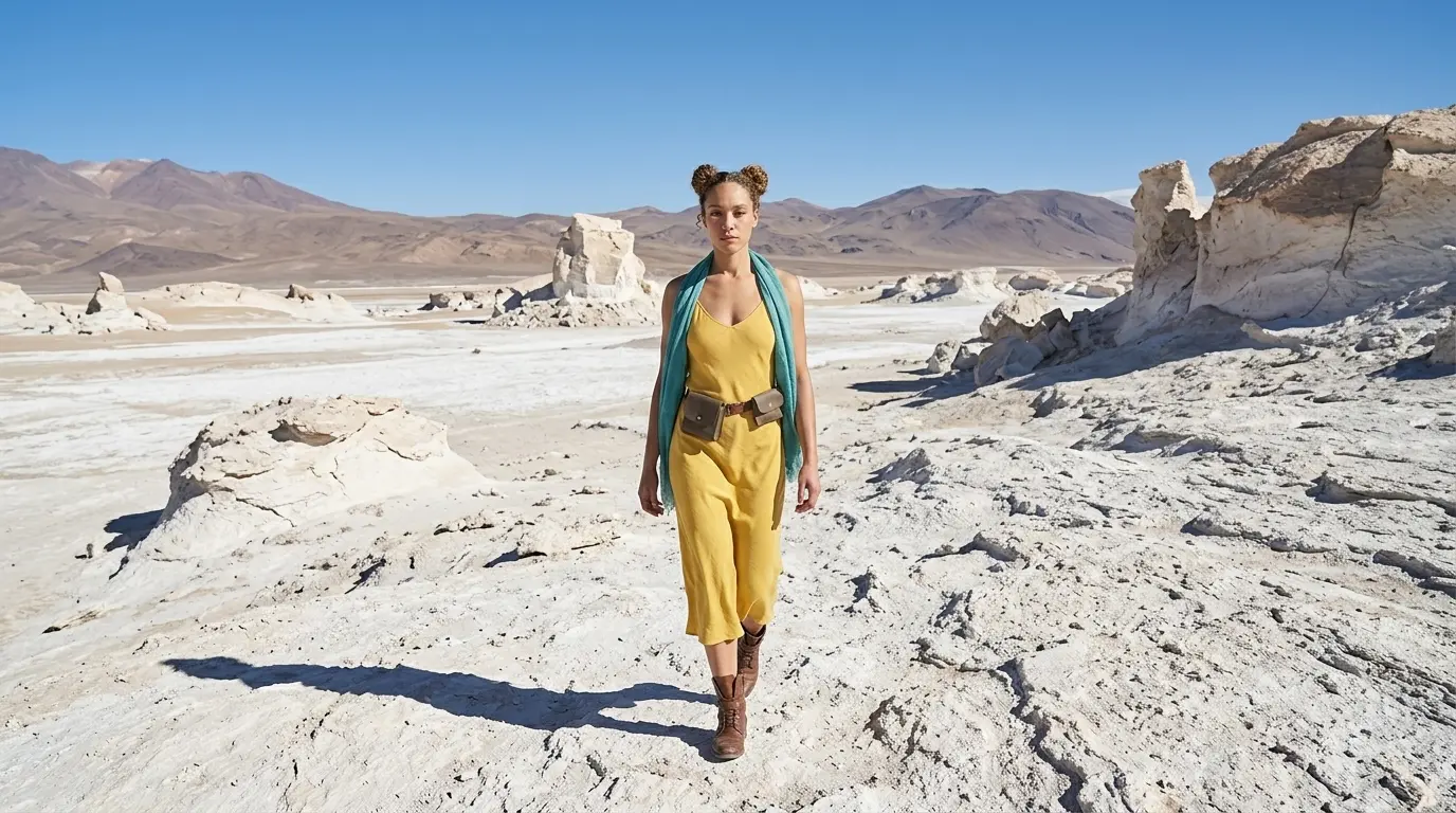 Wide Shot Extended Prompt Example Wide shot of a woman in a yellow dress walking through a vast white rocky desert with distant mountains, showcasing a Nano Banana Pro Wide Shot cinematic camera angle using an extended prompt.