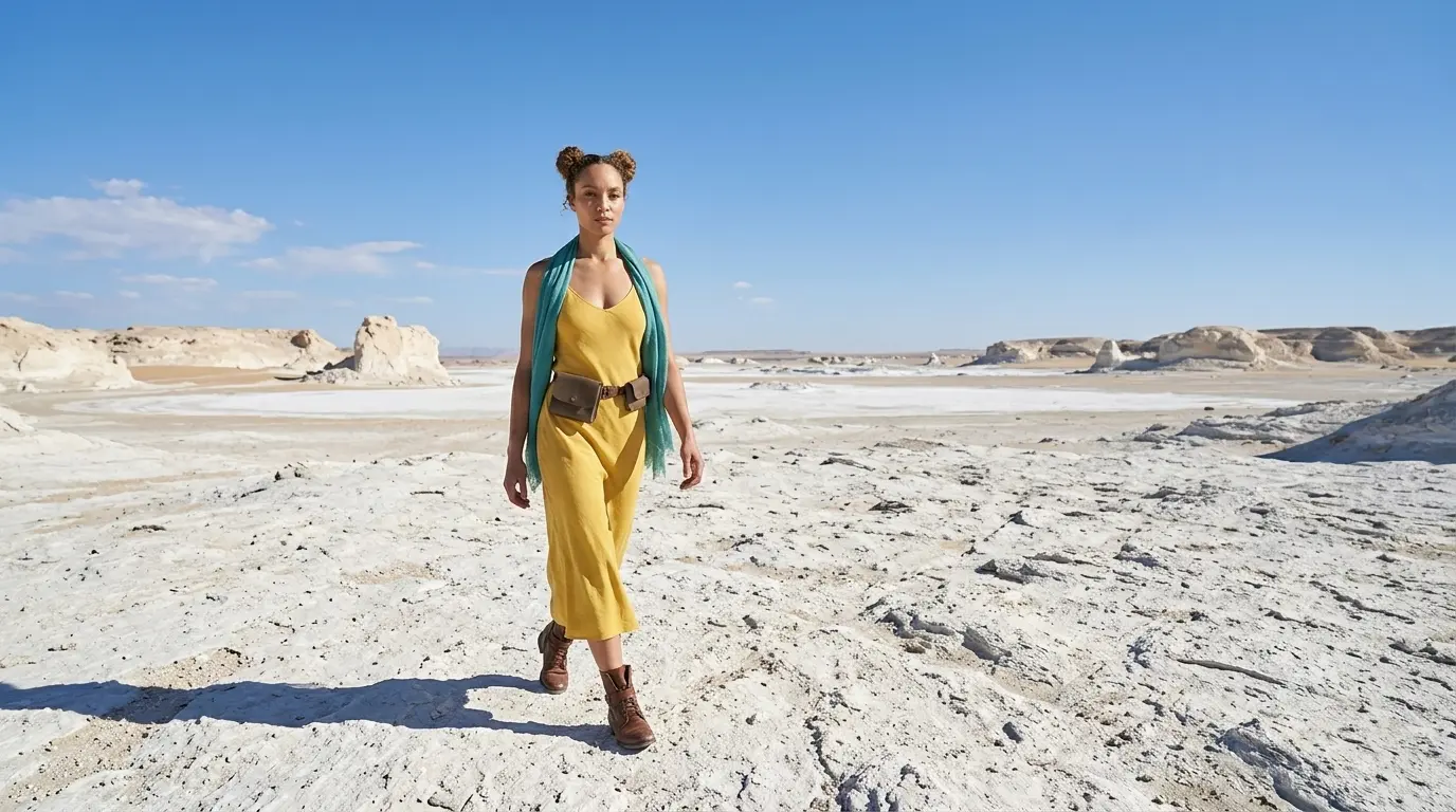 Wide Shot Keyword Prompt Example Wide shot of a woman in a yellow dress walking through a vast white rocky desert, showcasing a Nano Banana Pro Wide Shot cinematic camera angle using only the keyword.