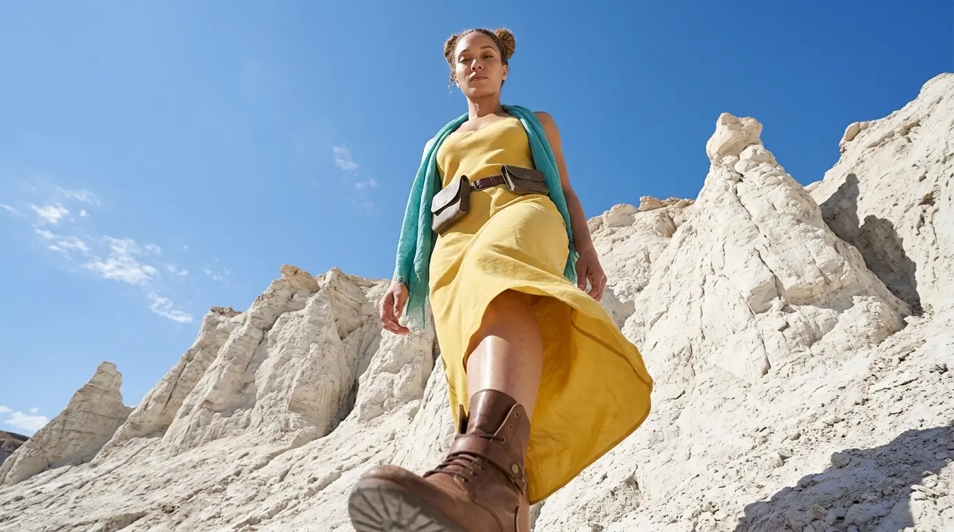 Worm's Eye View Extended Prompt Example Worm's eye view of a woman with a confident posture towering over the camera in a white desert landscape with a vast sky overhead, showcasing a Nano Banana Pro Worm's Eye View cinematic camera angle using an extended prompt.