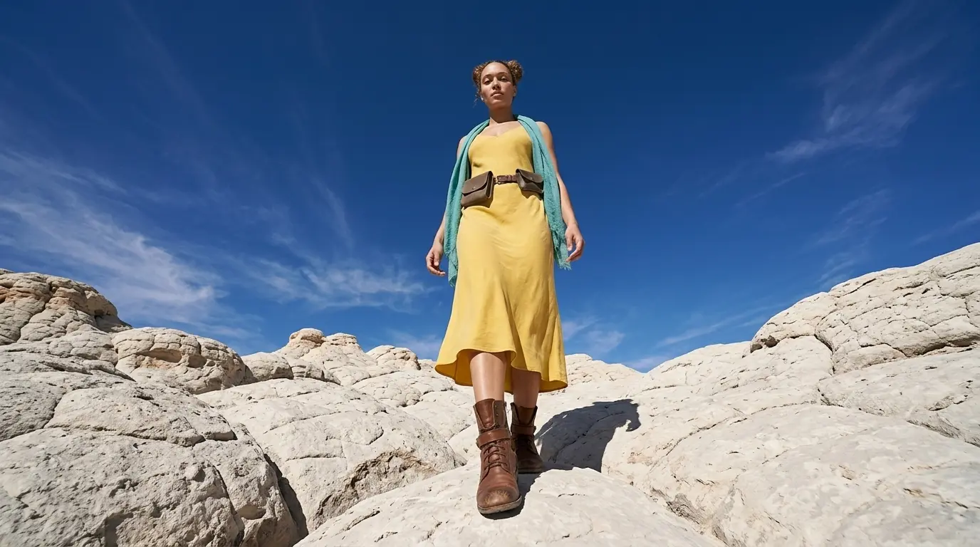 Worm's Eye View Keyword Prompt Example Worm's eye view of a woman in a yellow dress standing on white rocks against a vast blue sky, showcasing a Nano Banana Pro Worm's Eye View cinematic camera angle using only the keyword.