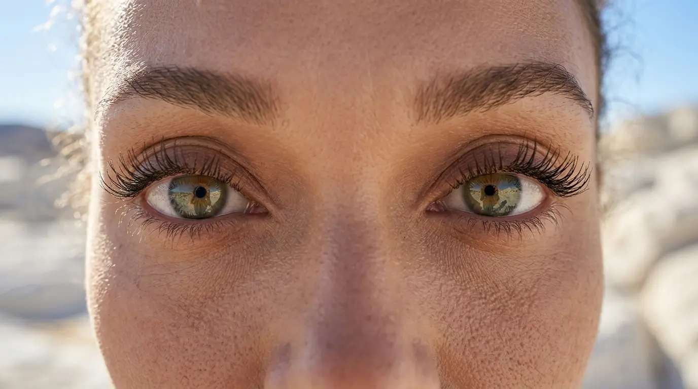 Extreme close-up portrait cropped tightly on a woman's green eyes, long eyelashes, and clear skin pores in bright daylight, showcasing a Nano Banana Pro Extreme Close-Up cinematic camera angle using an extended prompt.